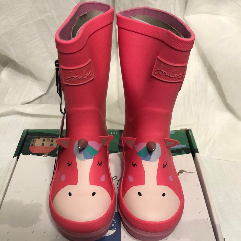Joules Coral Pink Unicorn Kids Rain Boots size 11 NWT